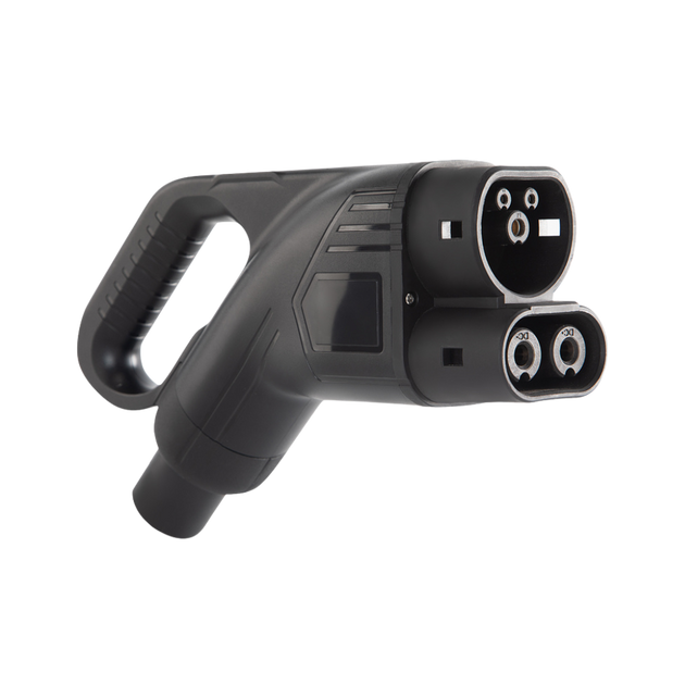 Black CCS2 DC fast-charging connector, a plug type alongside Type 2 EV charging cables