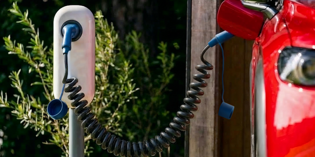 Coiled spiral EV charging cable connecting a charging post to a red electric car on grass