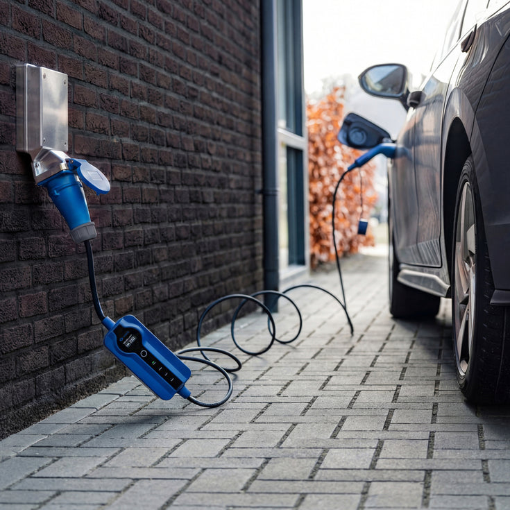 Portable EV charger hanging from a dark brick wall while charging a car on a driveway