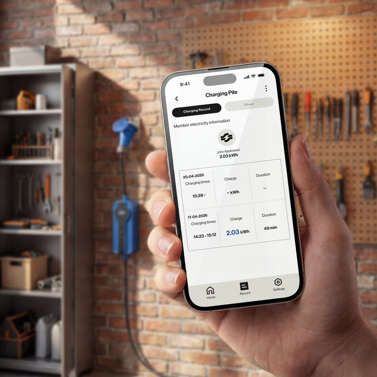 Hand checking live charging session data in a mobile app inside a workshop