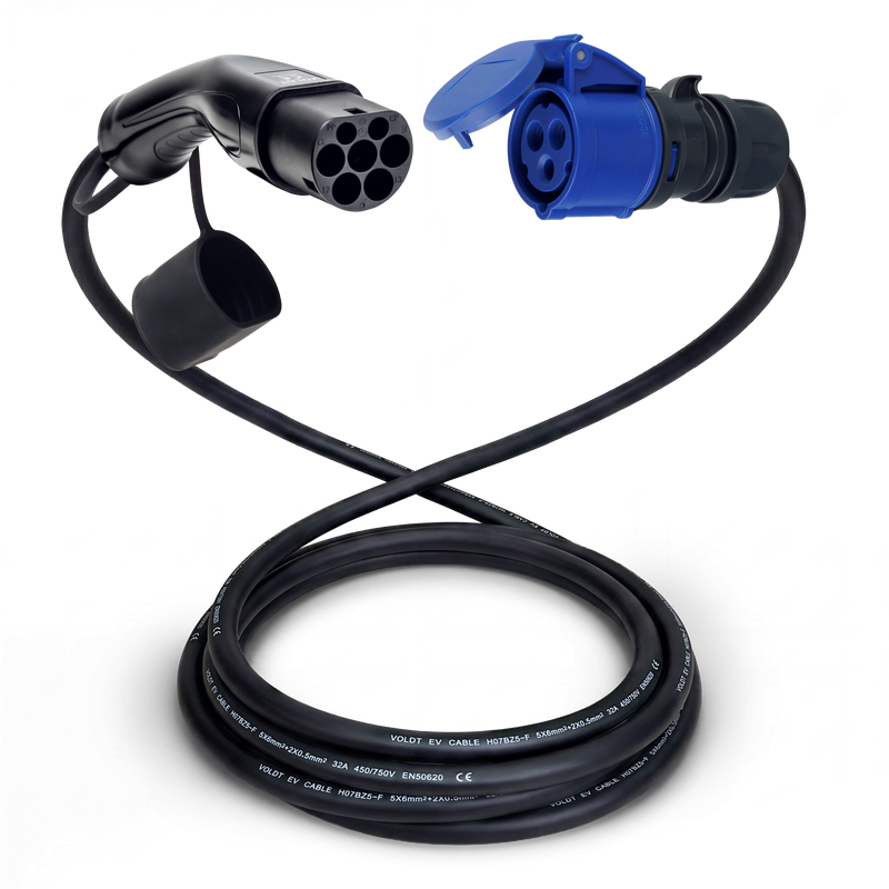 Adapterkabel Typ 2 (Ladestationsseite) auf 3-polige blaue 32A CEE-Buchse